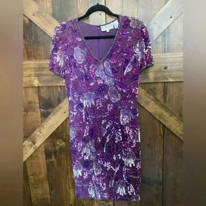 Oleg Cassini Black Tie Vintage Silk Beaded Sequined Purple Cocktail Dress Size 4